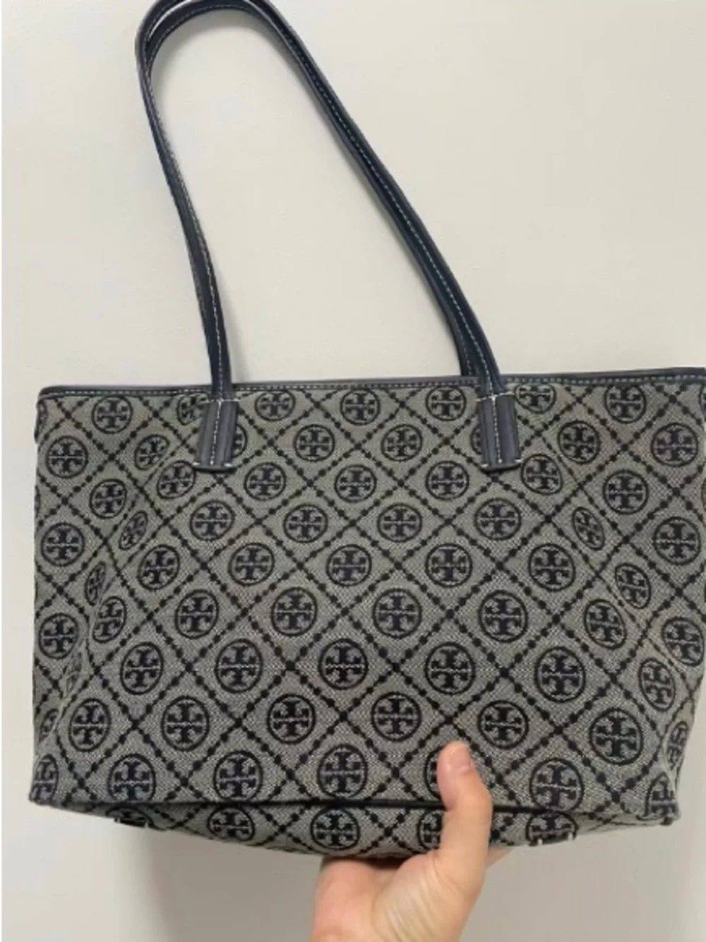Tory Burch Beige and Navy Logo Jacquard Tote with Gold Logo